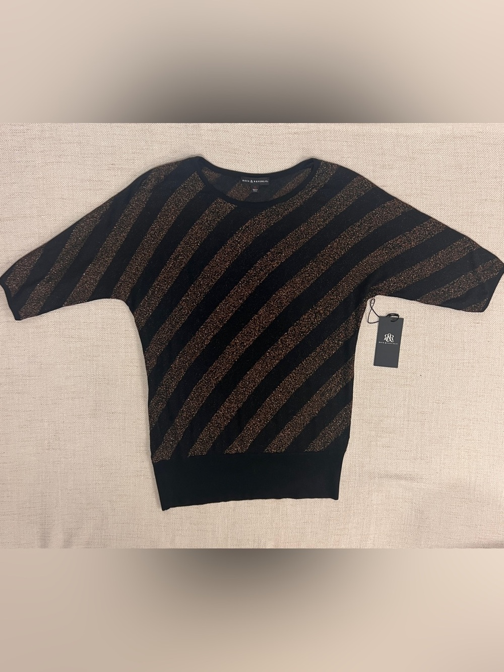 Rock & Republic NWT Metallic Striped Batwing Sweater XL Black & Bronze